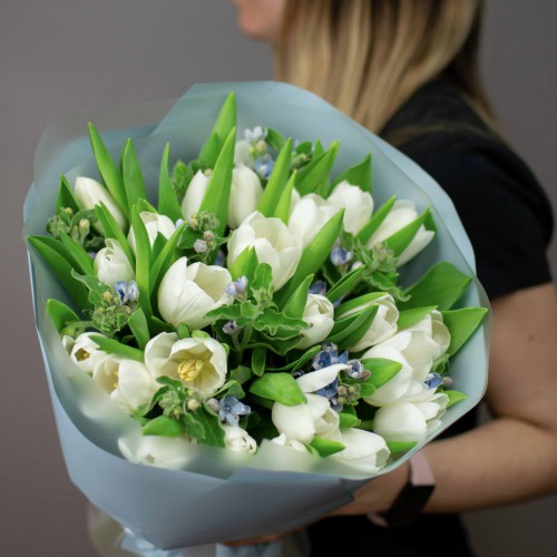 Букет из 25 белых тюльпанов и оксипеталума