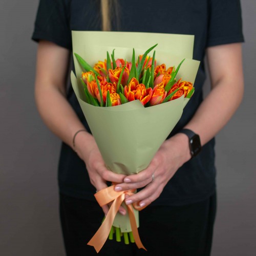 Букет рыжих пионовидных тюльпанов, 15 шт